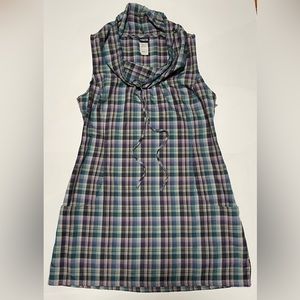 Patagonia Fortuity Dress in Blue Multi Plaid with Drawstring Cowl Neck